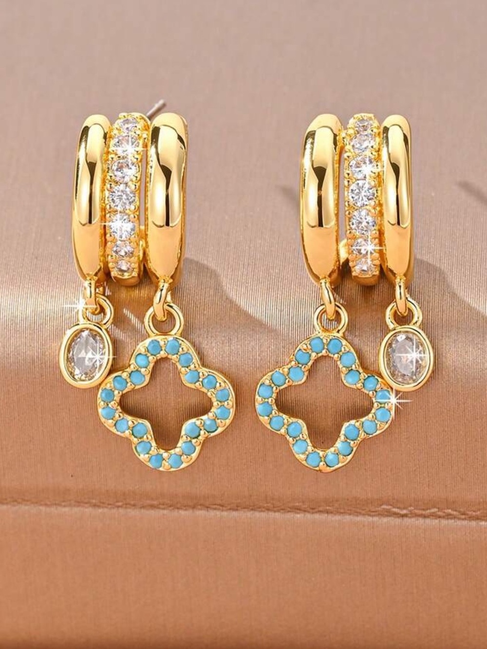 Gold-Plated Hoop Earrings with Turquoise Clover Drops